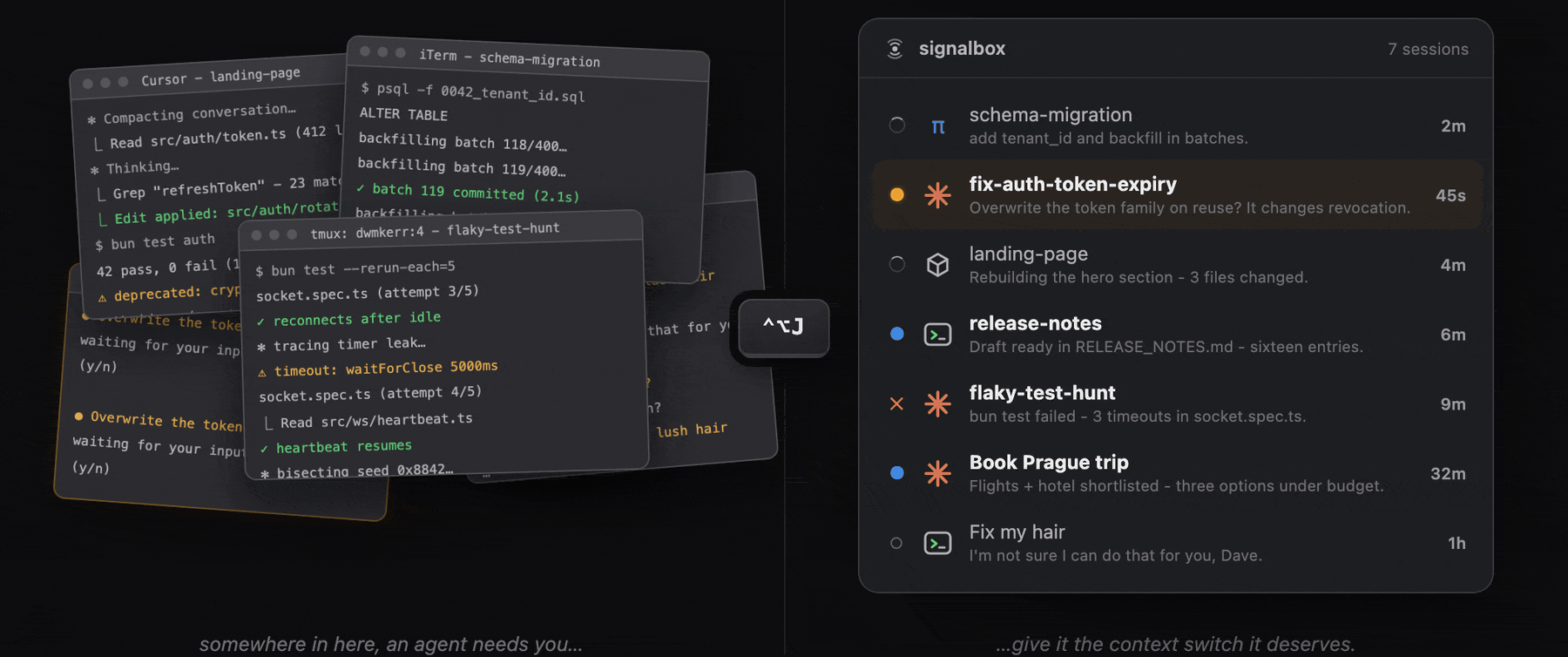 Animated: left, a pile of restless agent terminals; right, the signalbox board - one keystroke jumps the selection to the agent that needs you, surfacing the buried session from the chaos.