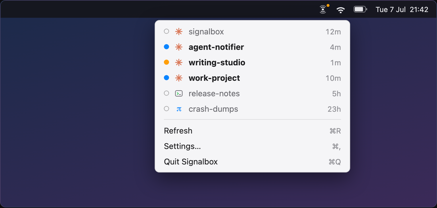 The signalbox menu bar dropdown: a status dot on the icon, one row per session with its agent glyph and age