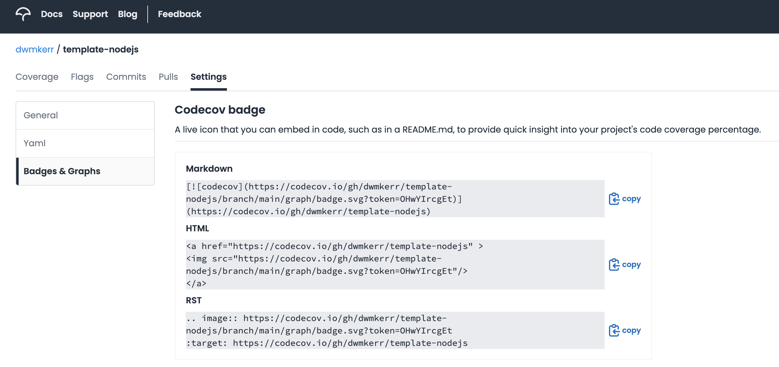 Screenshot: The Codecov Project > Settings > Badges screen, showing the markdown for a project code coverage badge