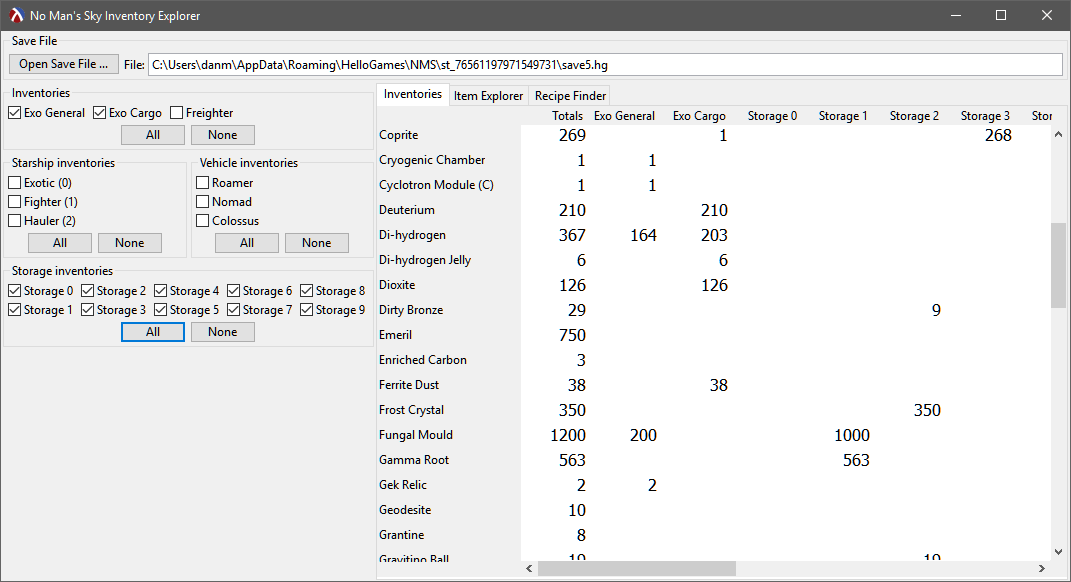 startup screenshot with inventory table