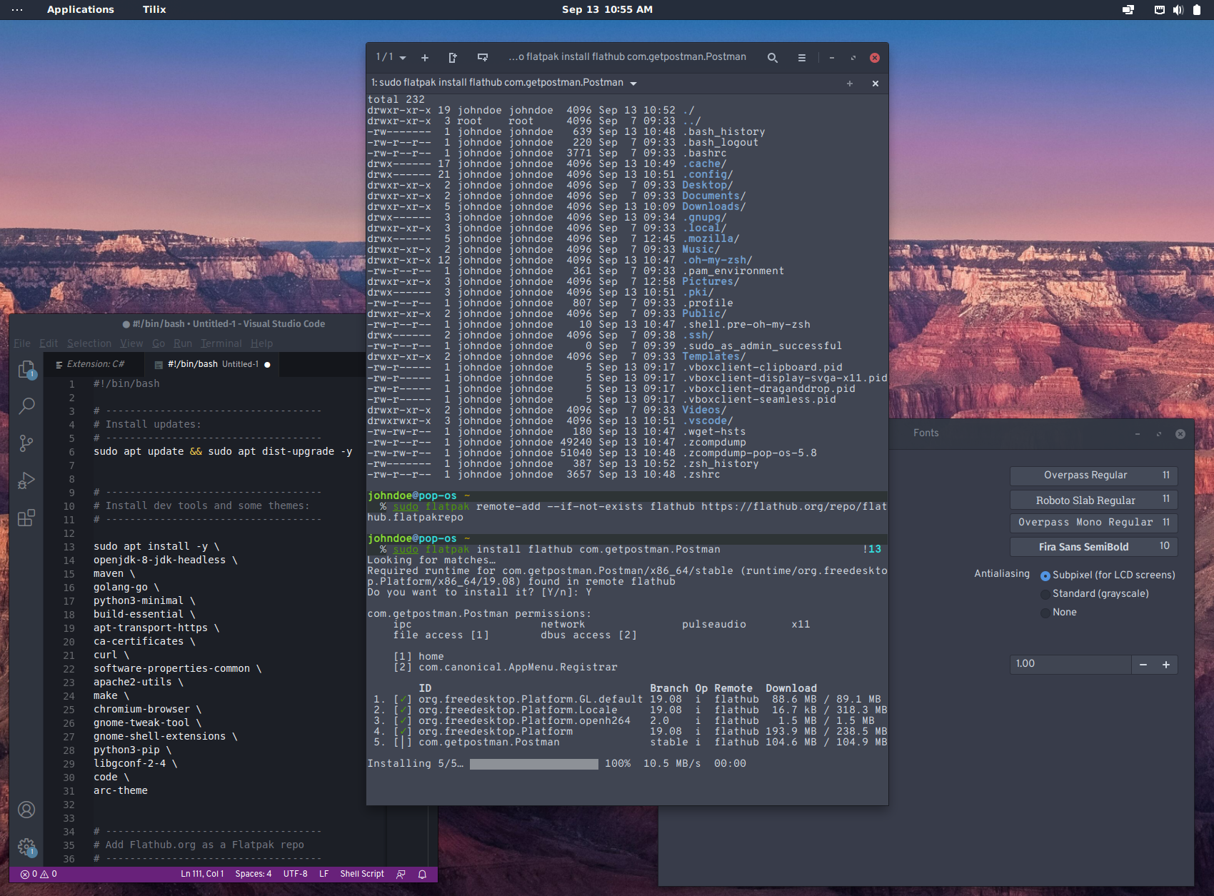 Pop!_OS desktop screenshot with Tilix, Visual Studio Code, and Gnome Tweak Tool, displayed and the Arc Dark theme