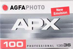 Kentmere AgfaPhoto APX 100 ("New Emulsion" on box) film packaging