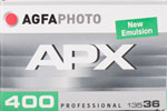 Kentmere AgfaPhoto APX 400 ("New Emulsion" on box) film packaging