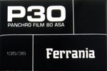 Ferrania pancro P30 (3d batch, final version ?) - 80 ASA B&W new p... film packaging