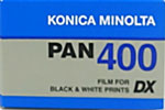 Konica Minolta PAN400 B&W film packaging