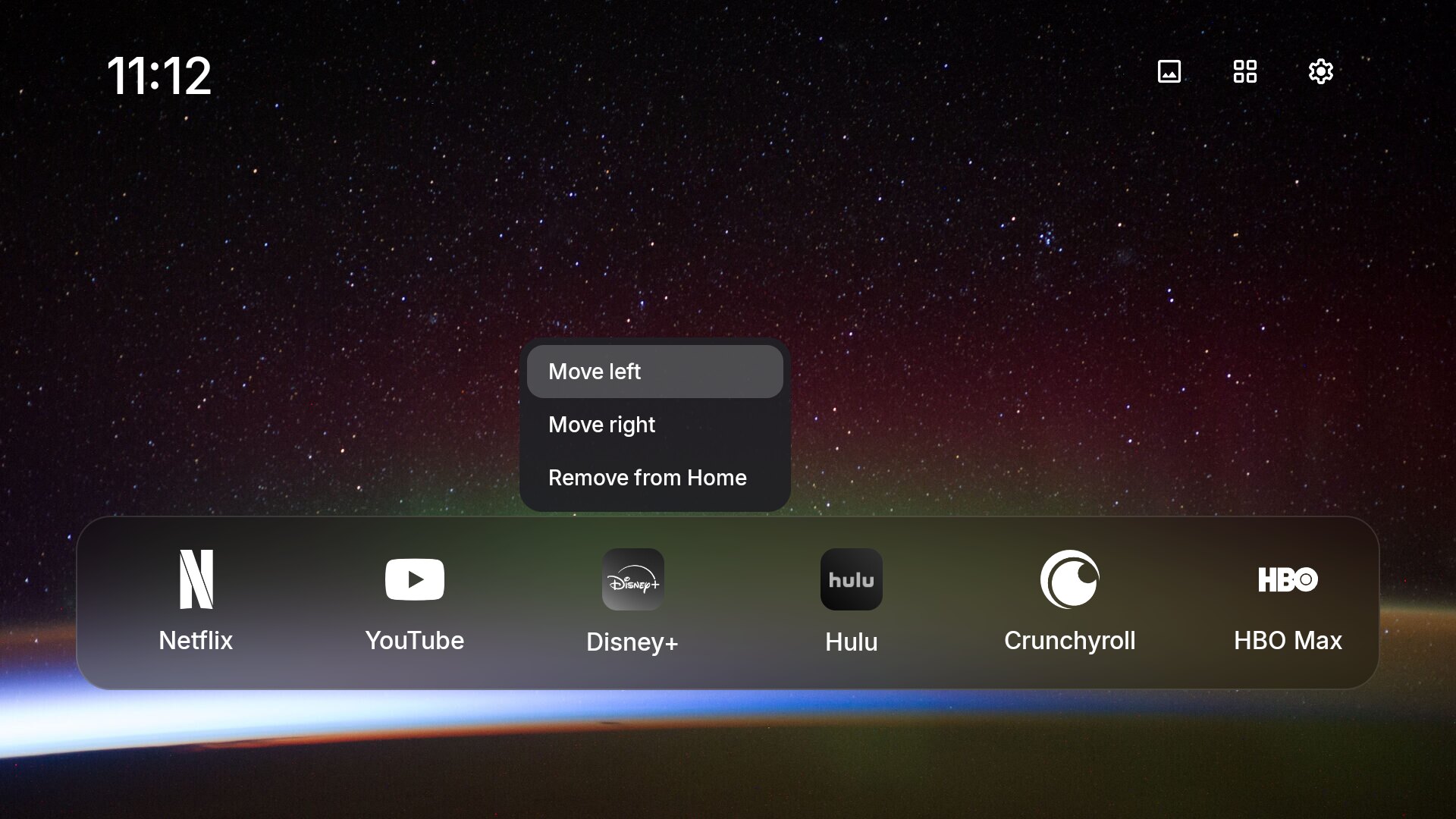 FireFrame dock menu with Move left, Move right and Remove from Home