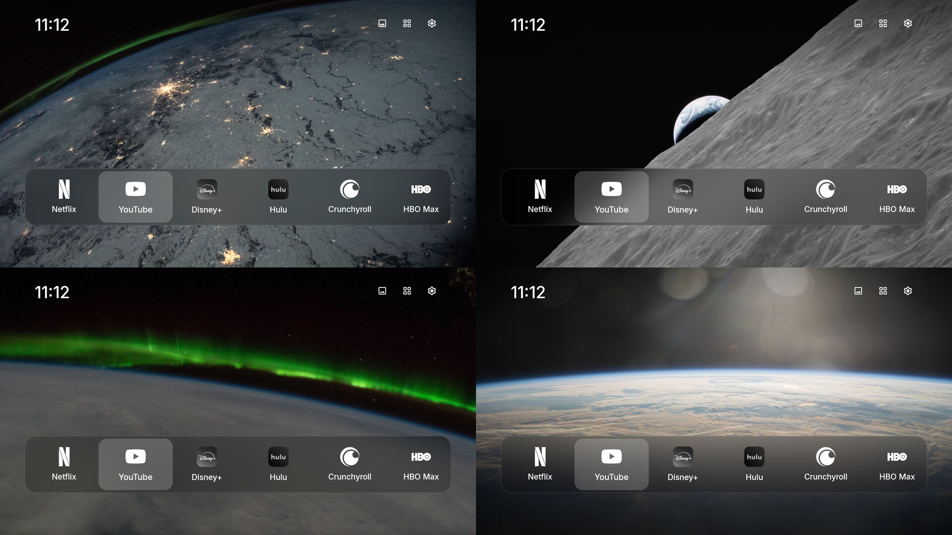 Four FireFrame wallpapers: city lights from the ISS, Earthrise from Apollo 17, an aurora over the South Pacific, and sunrise over Earth