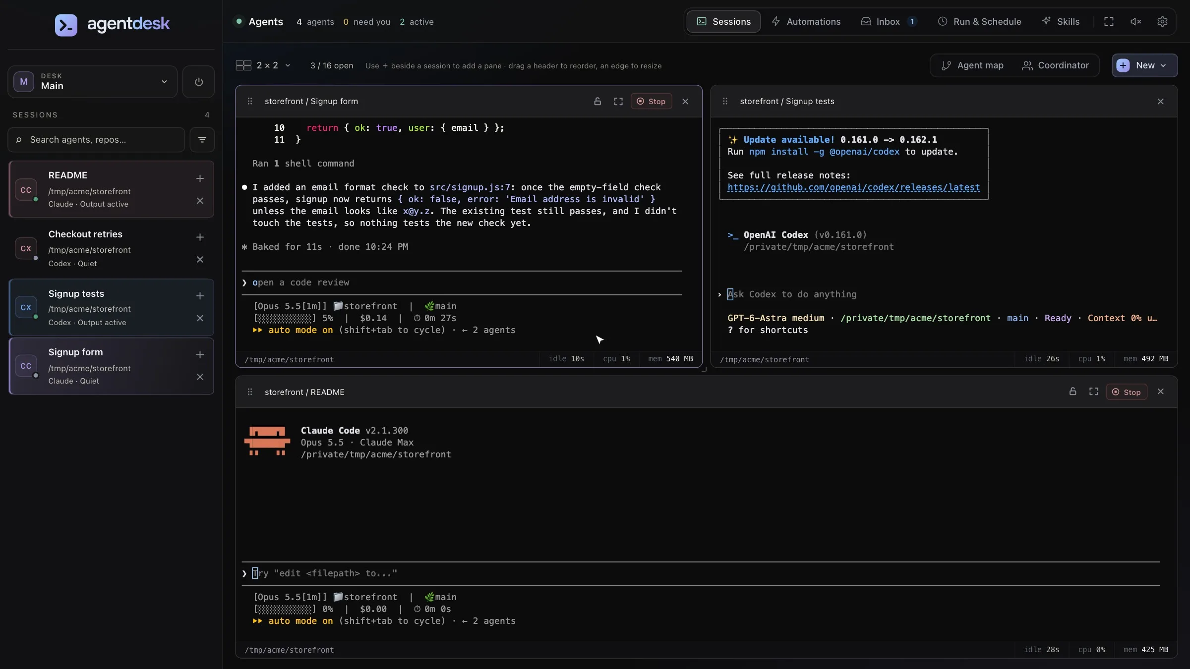 Agent Desk demo: three Claude Code and Codex sessions are open side by side. One opens a code review of its change inside its own pane. The review is opened full screen, a comment is left on a line of the diff and sent to that agent, and the pane goes back to the grid. While the agent edits the code, its pane is resized from the corner and dragged to the other side, and the review reloads with the new diff. The sessions are grouped in the sidebar. Then on a new desk a coordinator is asked to add a password rule, launches three Claude Code and Codex workers whose terminals open beside it, and reports back when they finish. Last, an automation is scheduled for weekdays