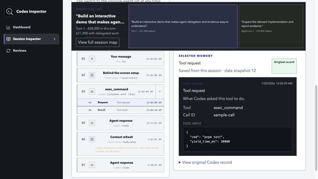 Session Inspector showing delegated work and an original tool request