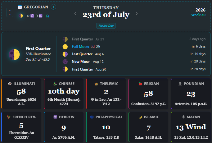 Moon phase panel: tonight's phase, illumination, and the surrounding lunar-cycle dates