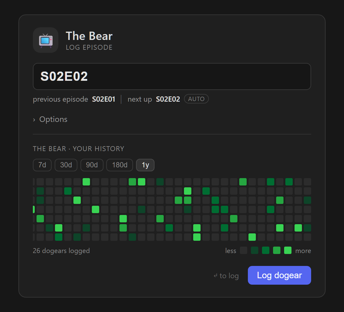 The log-dogear modal: a media-type emoji chip and series name header, a large position input pre-filled with the next episode, a 'previous episode │ next up · auto' hint, collapsed Options, and the series' GitHub-style history heatmap with range presets
