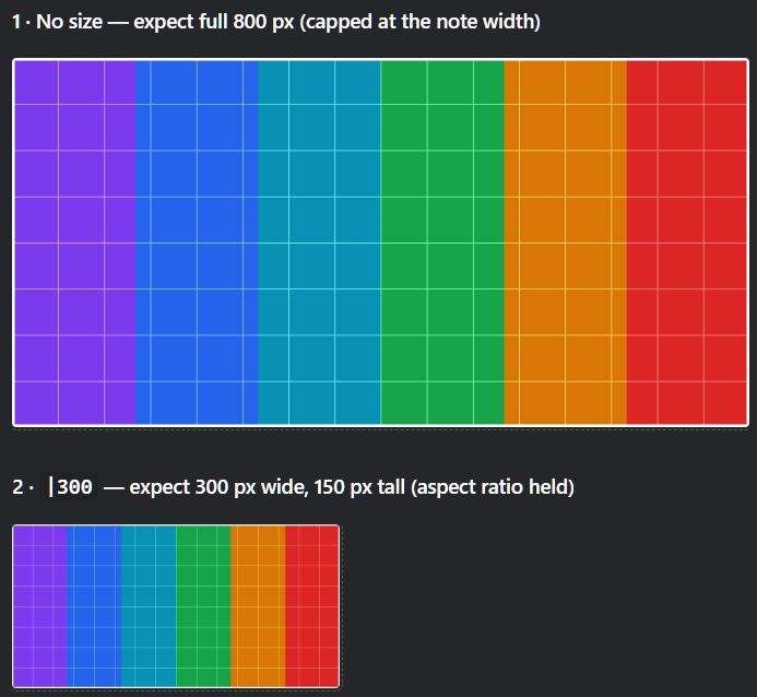 An 800 px source image rendering at full width, then the same file at |300 — 300 px wide and 150 px tall, its aspect ratio held. Both carry the dashed external-attachment outline.
