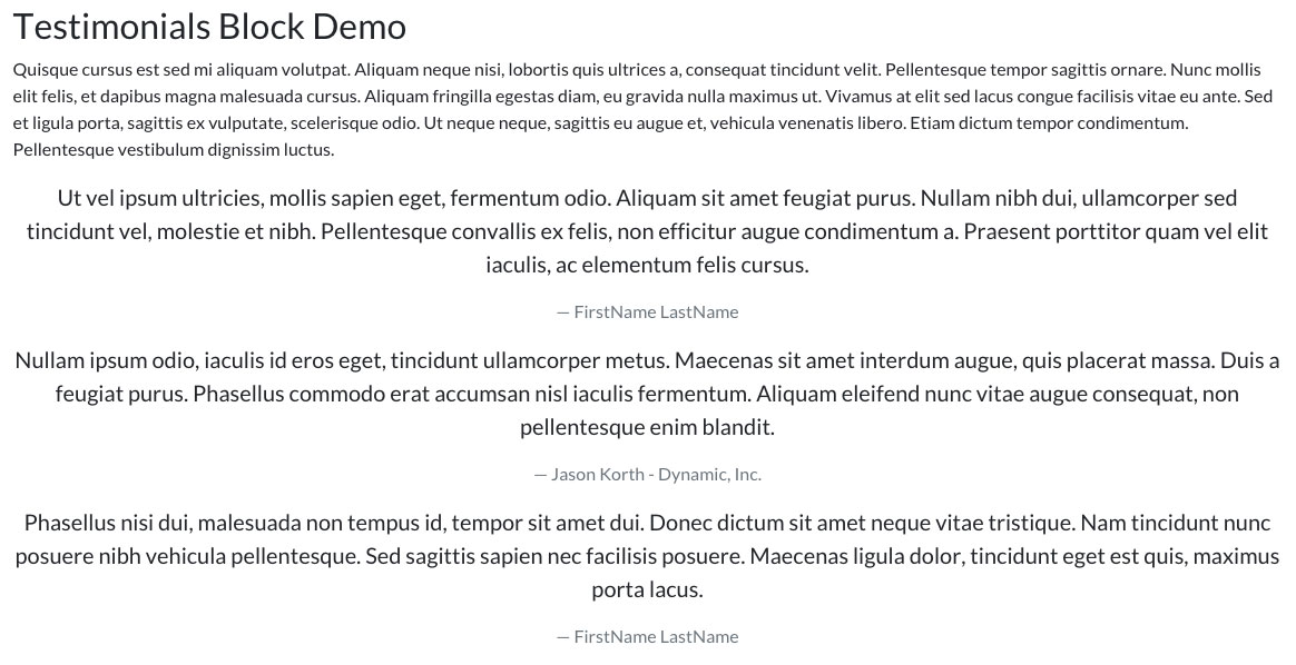 Front End sample of a Testimonials Element