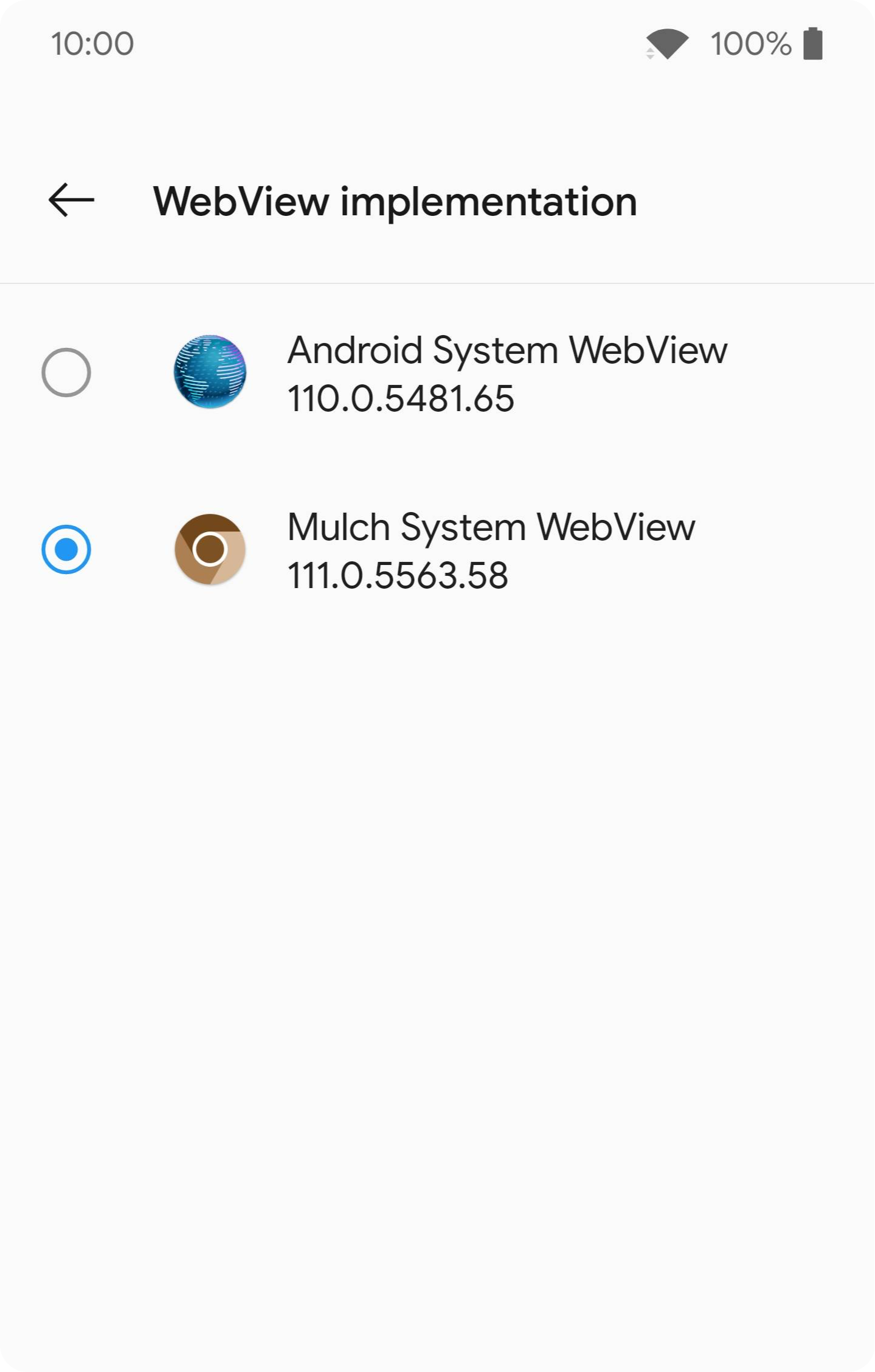 The WebView implementation settings with the Mulch SystemWebView Overlay installed