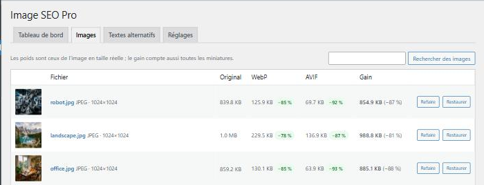 Onglet Images : poids d'origine, copies WebP (−85 %) et AVIF (−92 %), gain total par image