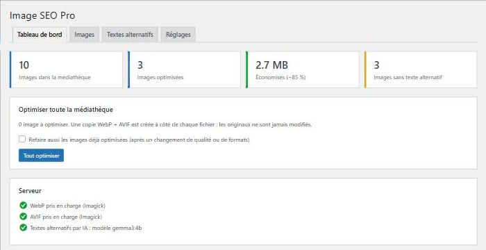 Tableau de bord : 10 images, 3 optimisées, 2,7 Mo économisés (−85 %), 3 images sans texte alternatif