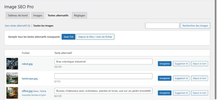 Onglet Textes alternatifs : édition en ligne, suggestion IA, remplissage en masse