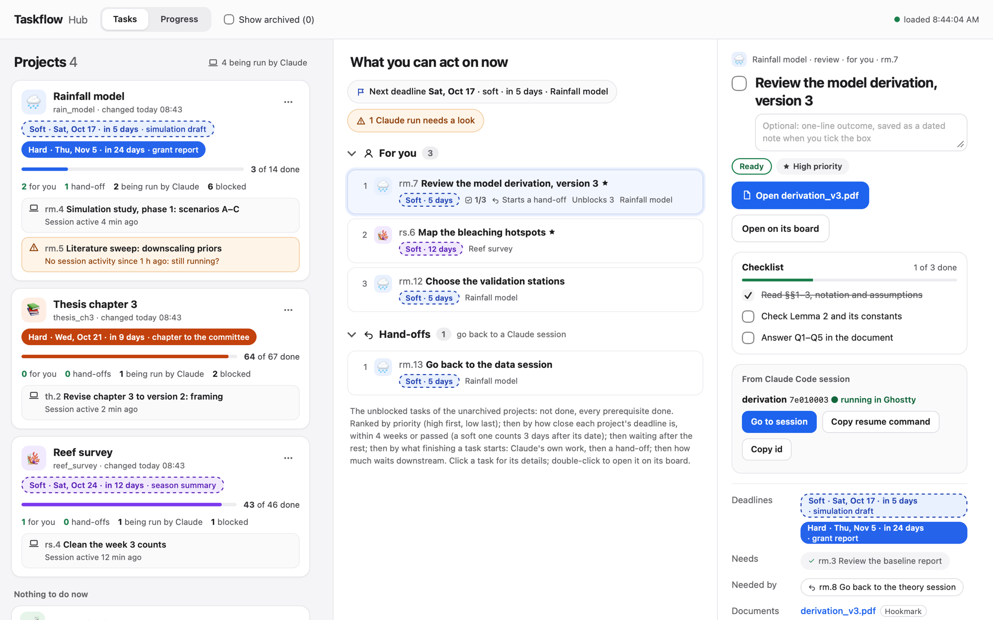The hub: every project with its deadlines, progress and what Claude is running in it; in the middle, what you can act on now across all projects, ranked; on the right, the task you clicked.