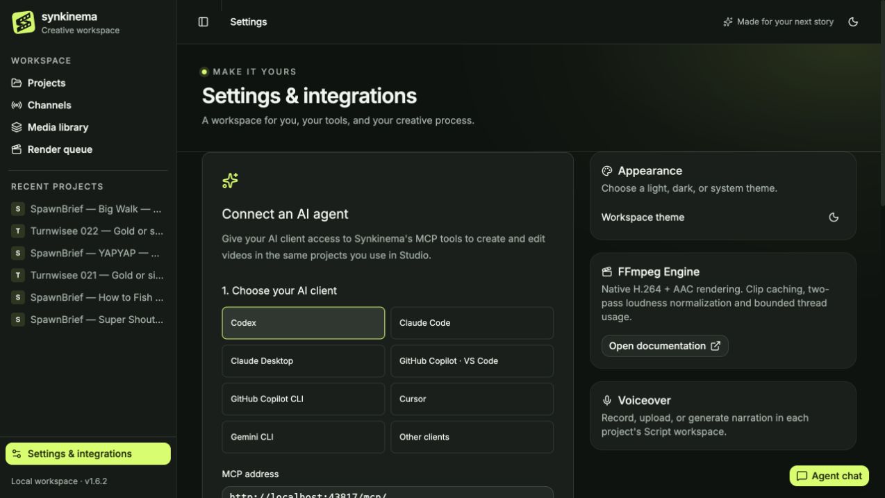 Synkinema's dark mode guide for connecting Codex and other AI agents through MCP