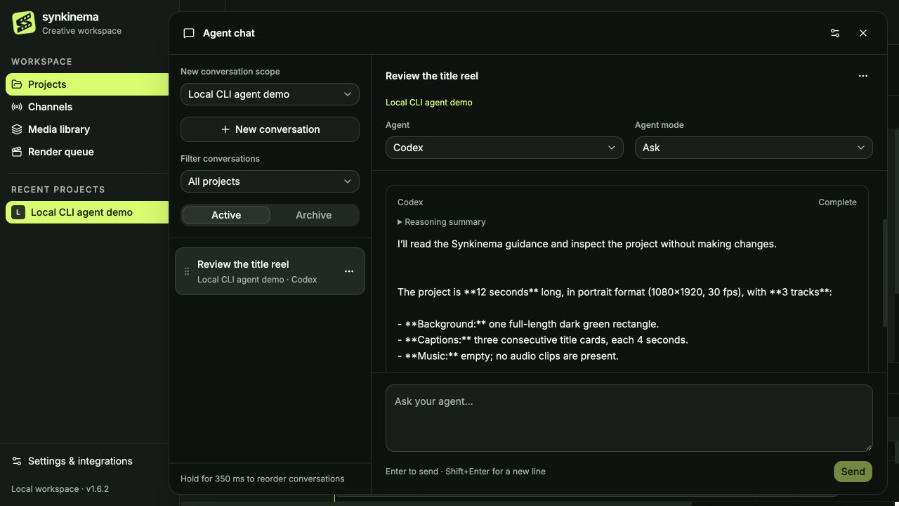 Synkinema Agent chat in dark mode showing a completed Codex CLI response after reading a demo project's duration and tracks