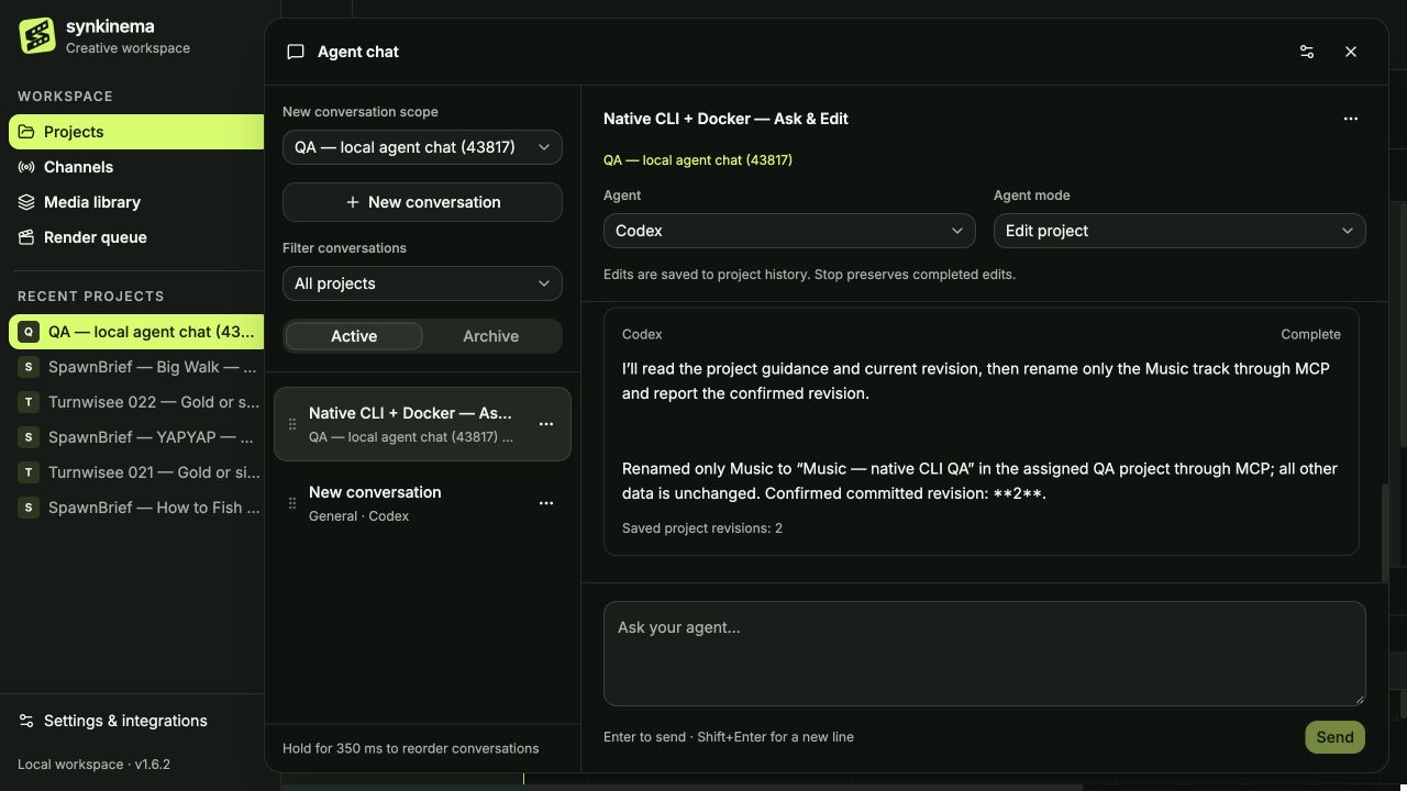 Native Codex CLI running through the local Docker launcher, with a confirmed project edit saved as revision 2