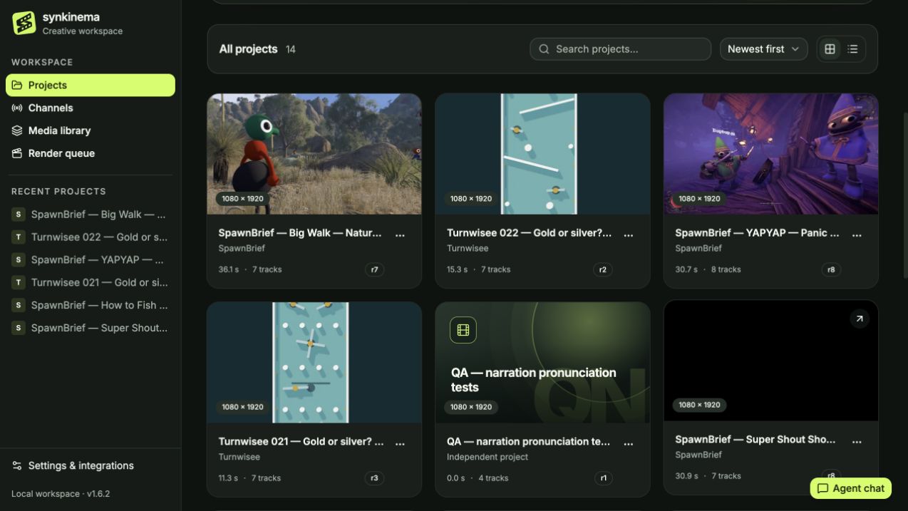 Synkinema Projects in dark mode with a gallery of video projects