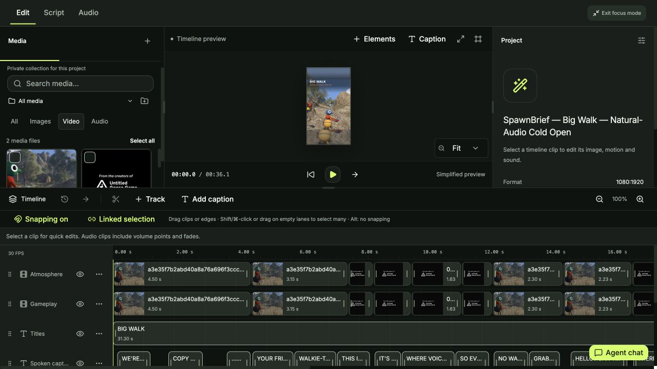 Synkinema Studio's dark focus mode showing project media, a portrait preview, and a populated multi-track timeline
