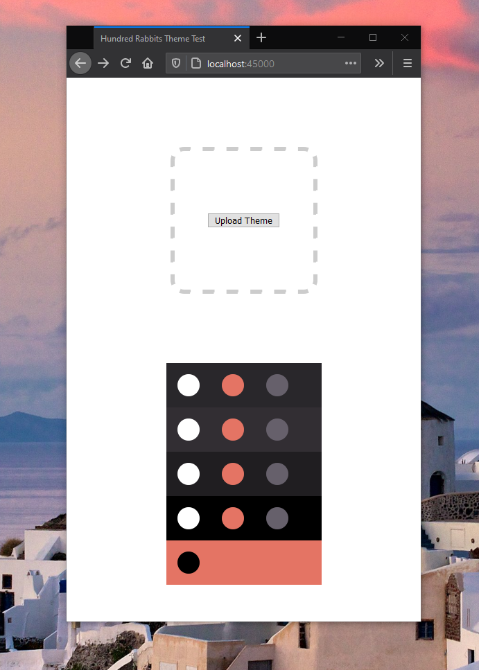 A basic test app showing a Hundred Rabbits Theme palette below an upload input.