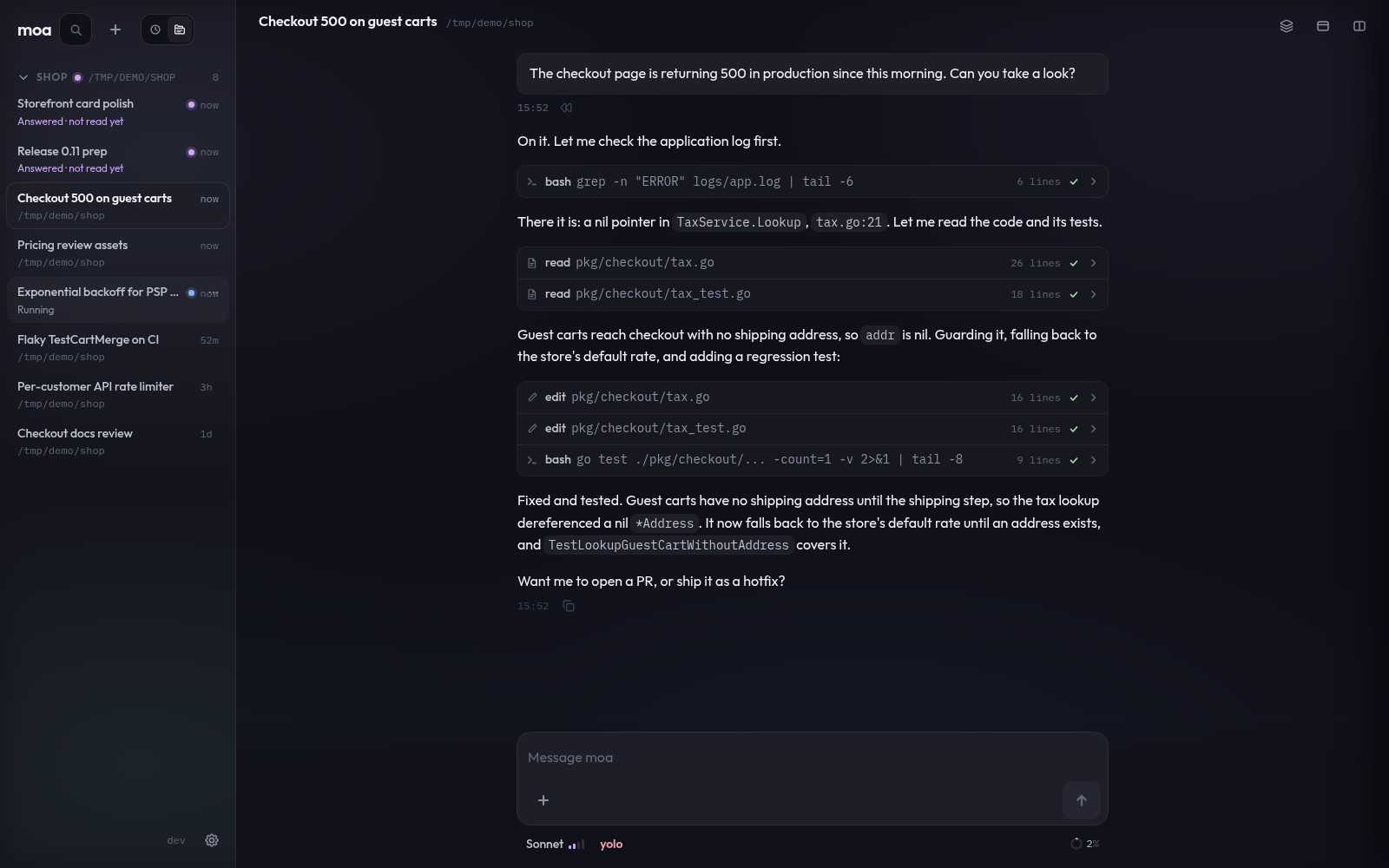 Moa desktop UI showing an active coding session with streamed tool activity and output