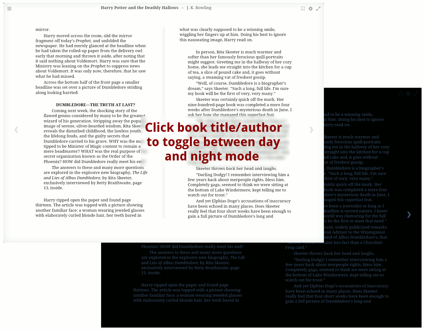 Reader showing page spread in 'night mode'