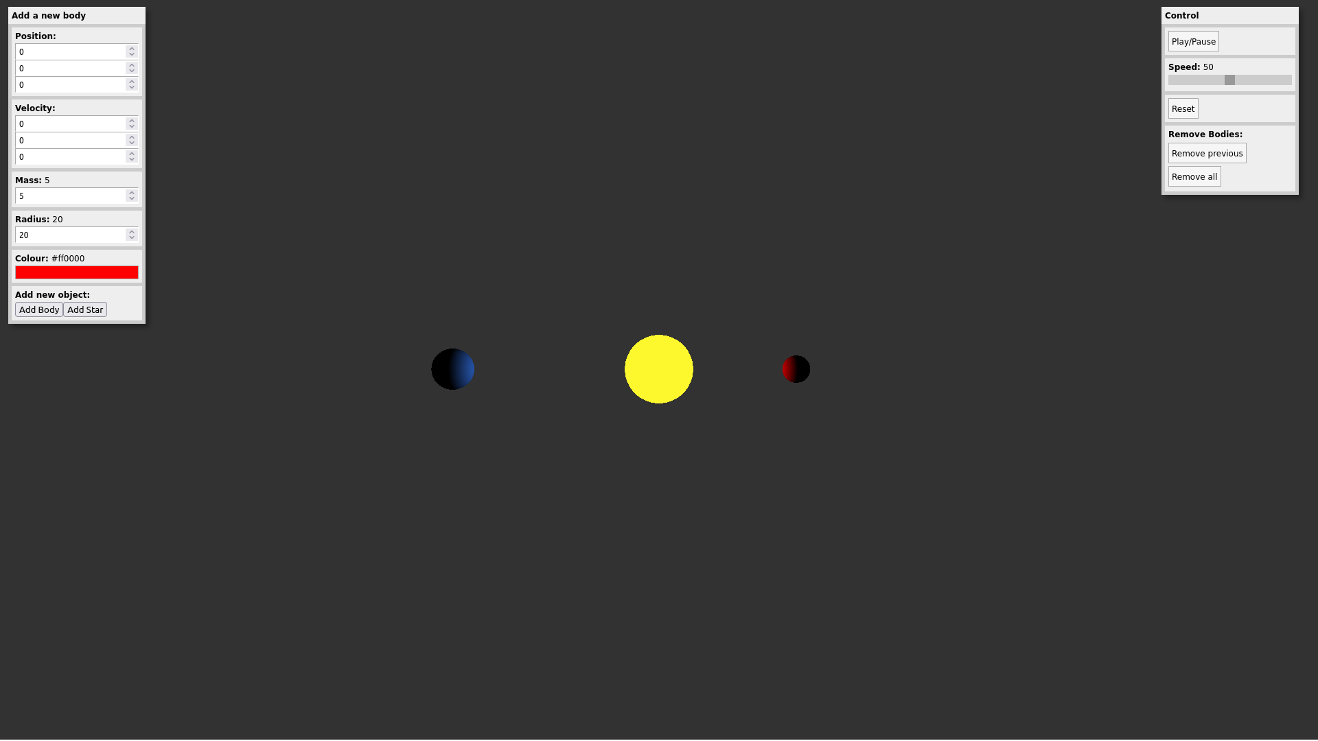 Screenshot of a simulated solar system with a central star and two orbiting planets, one red and one blue