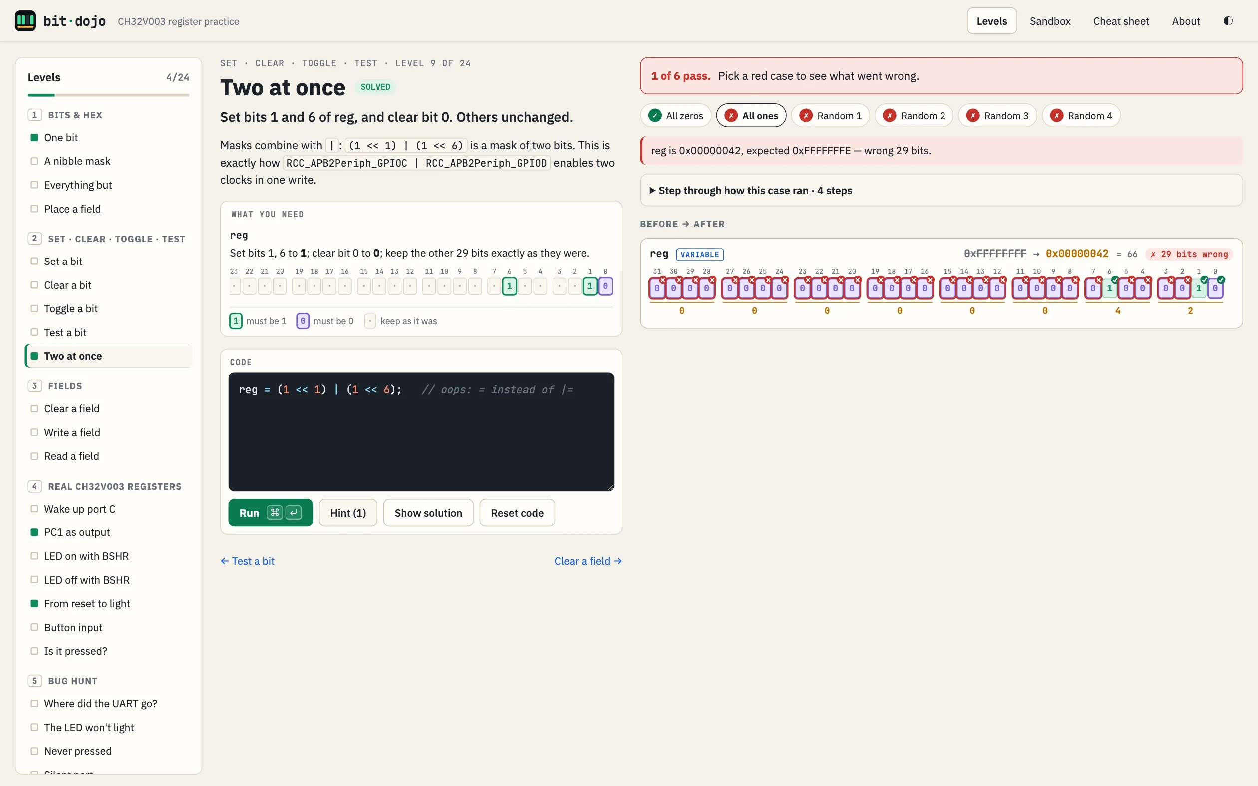 A failing case: using = instead of |= wipes 29 bits, each marked with a red cross