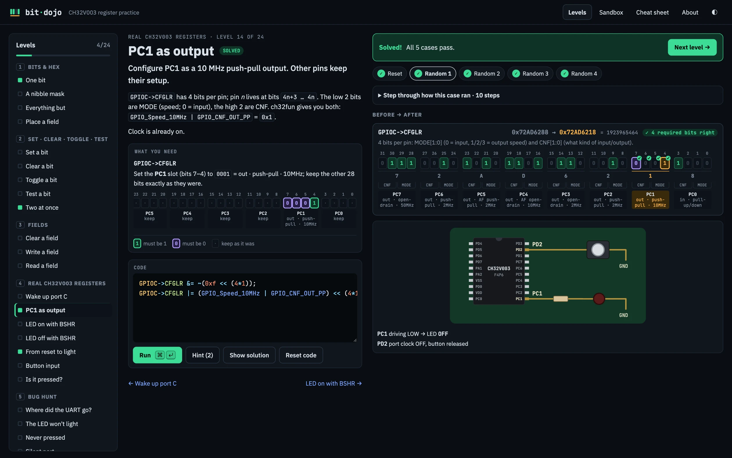 A level: the "What you need" panel above the editor, and every test case graded bit by bit with the board below