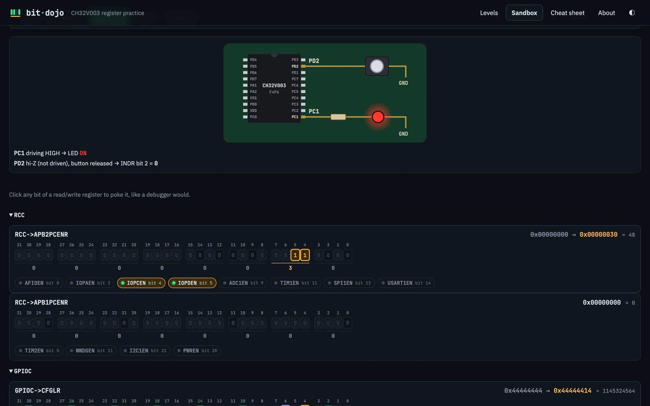 Sandbox: the simulated board with the LED on PC1 lit and the RCC clock-enable registers