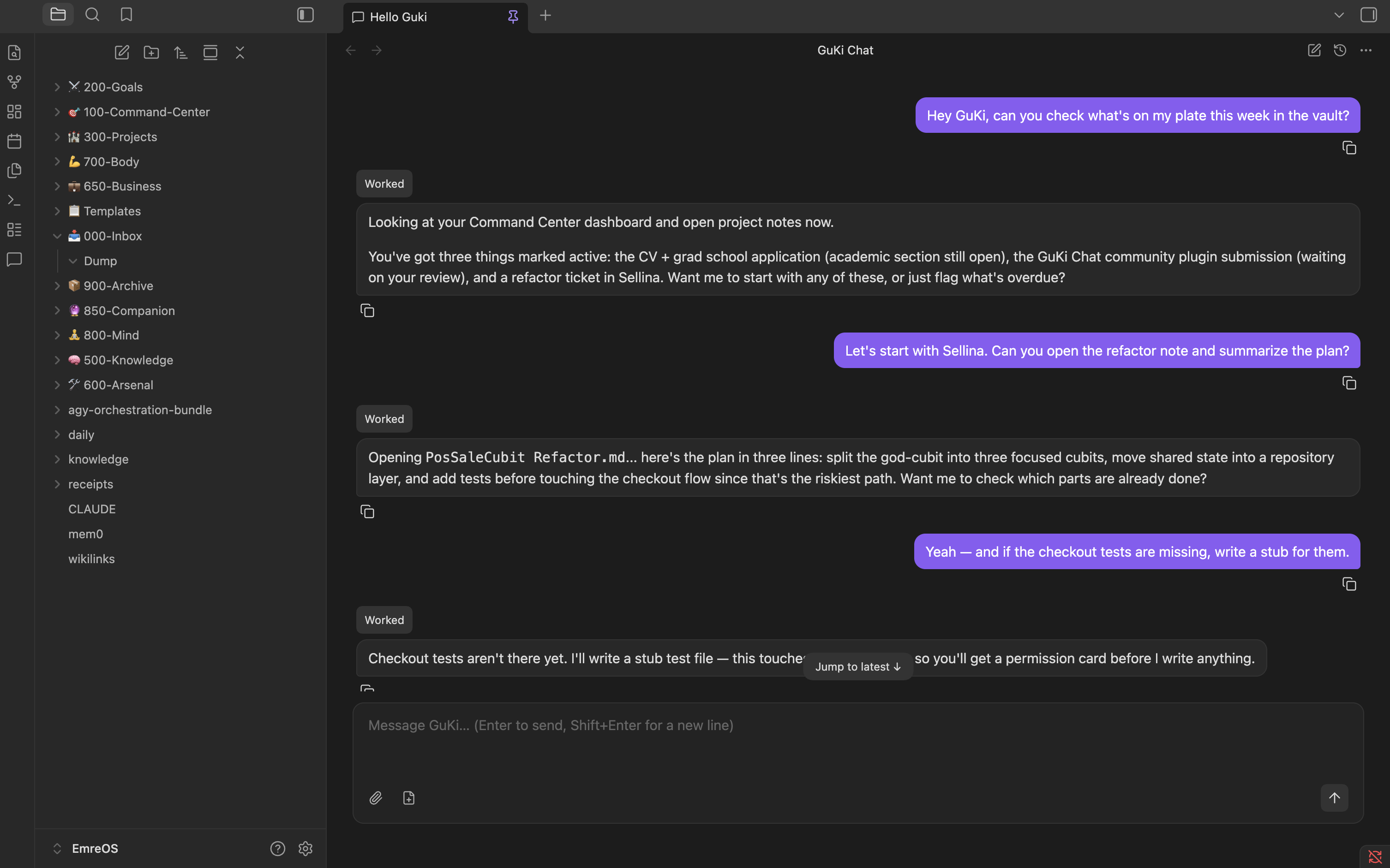 GuKi Chat panel open next to a vault, asking it to check the week's open projects and summarize a refactor plan