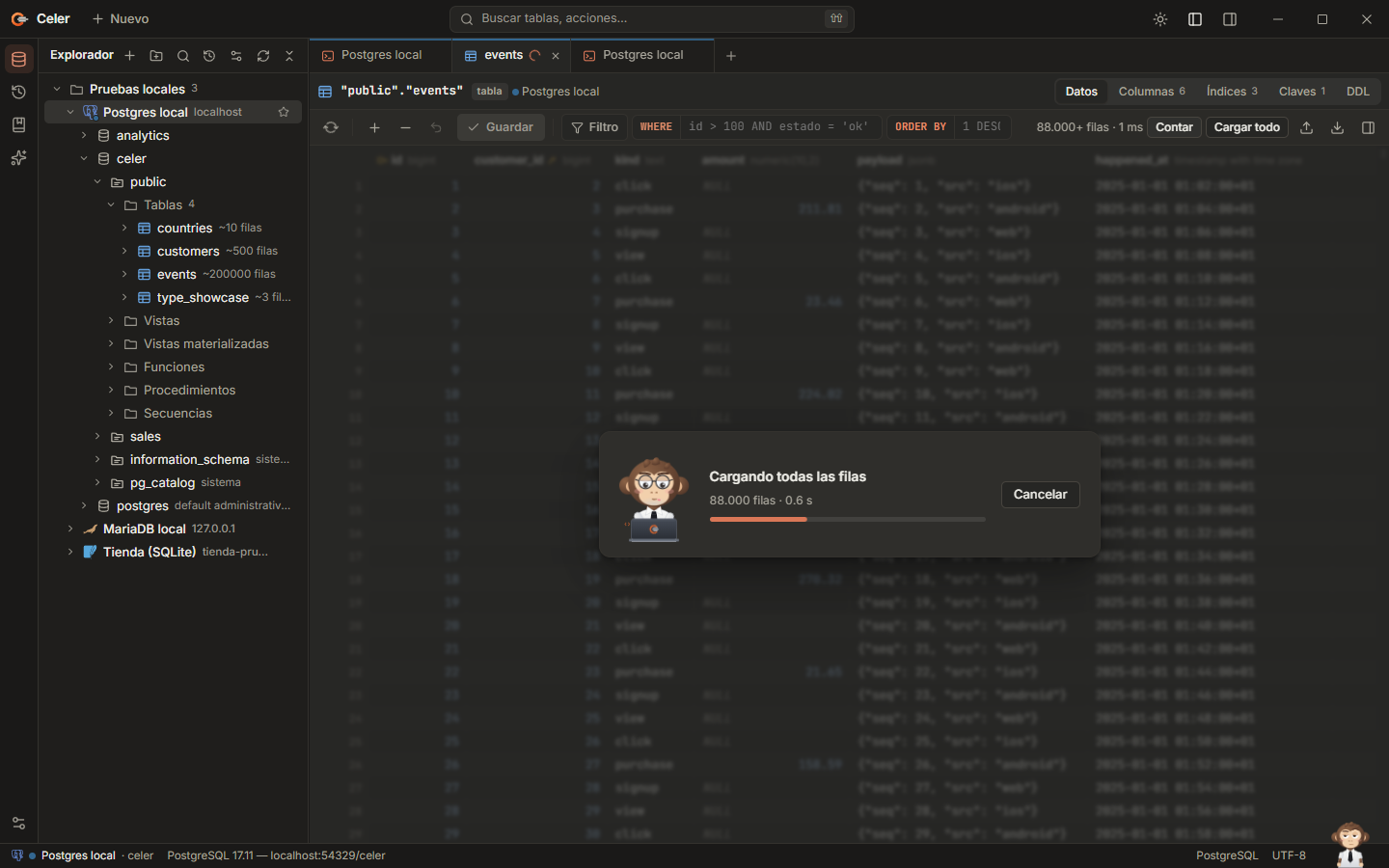 Gib at his laptop while 200,000 rows load, with a Cancel button