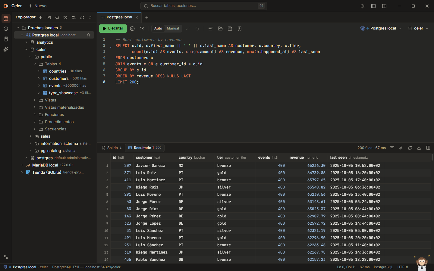 SQL console with a join and its results