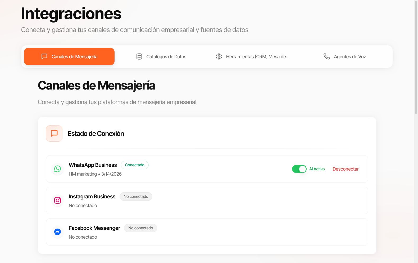 Panel de Integraciones mostrando el estado de conexión de WhatsApp, Instagram y Messenger