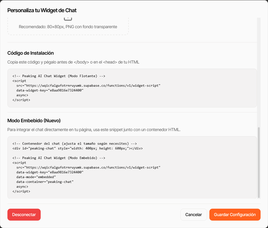 Sección de Código de Instalación con modo Flotante y modo Embebido