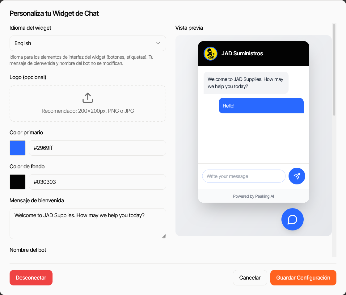 Configuración del Widget con vista previa en tiempo real
