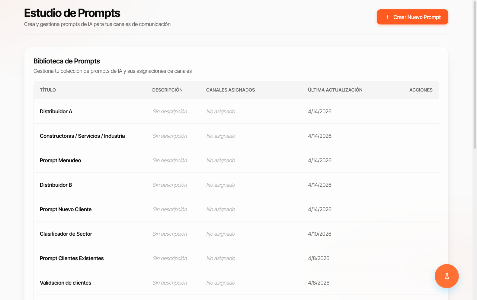 Vista del Estudio de Prompts — Prompt Library con todos los prompts de la cuenta
