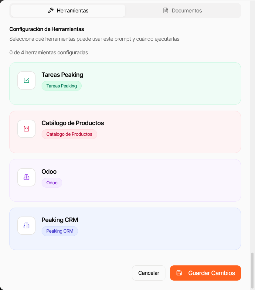 Sección Tools Configuration con las herramientas disponibles para el prompt