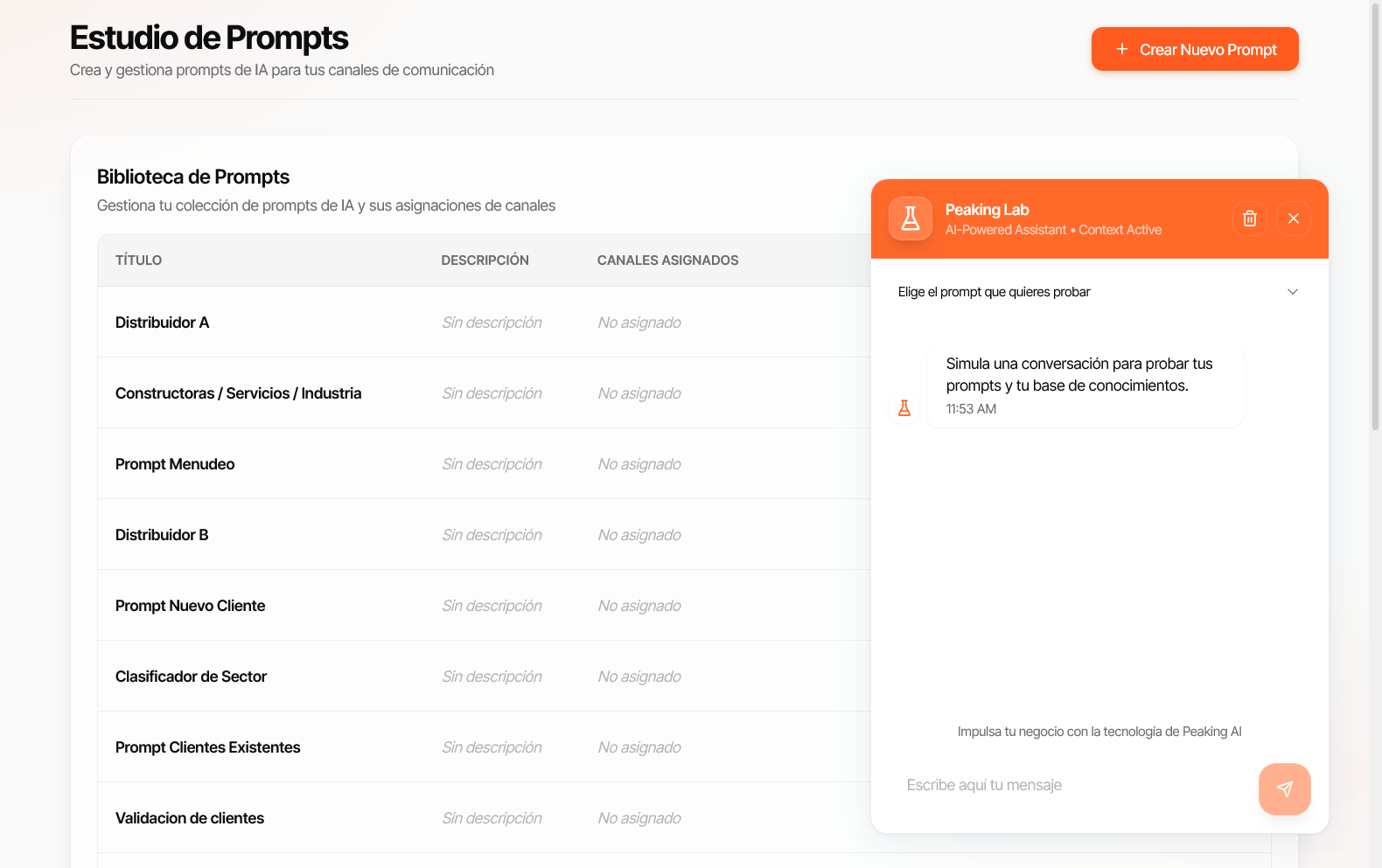 Peaking Lab — panel de prueba integrado en el Estudio de Prompts