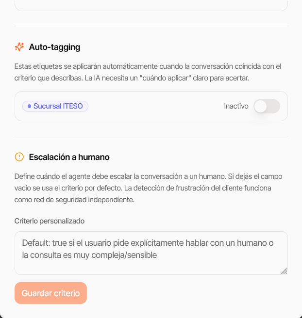 Sección de Auto-tagging y criterio de Escalación en la configuración del Prompt Studio