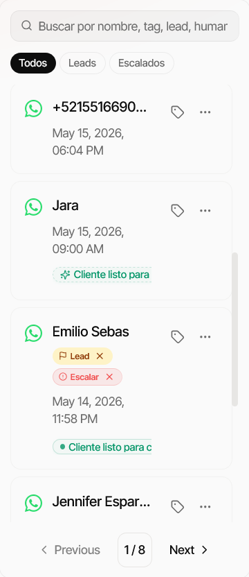 Bandeja de Mensajes con conversaciones por atender, incluyendo leads y escalados