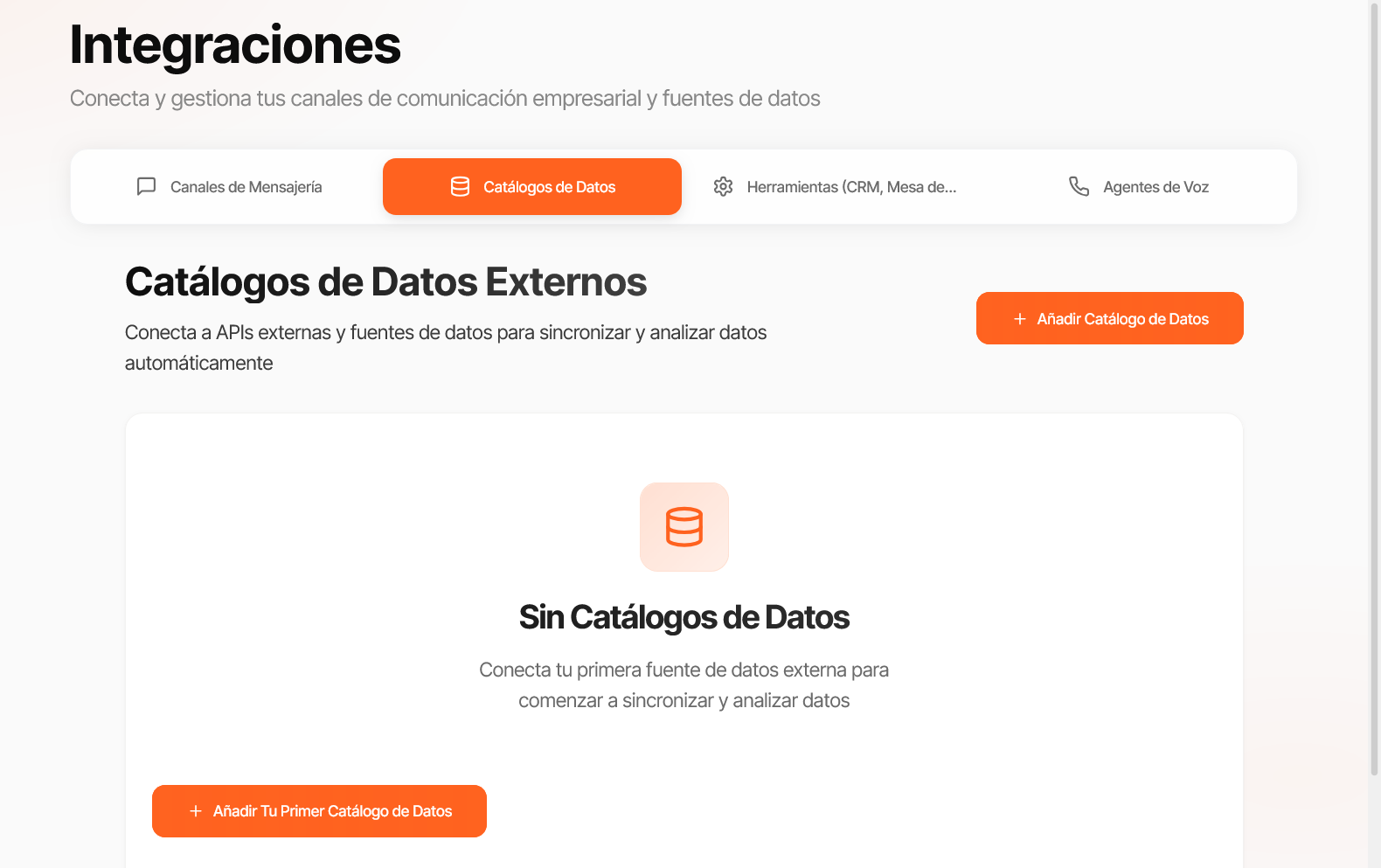 Panel de Catálogos de Datos con formulario de conexión a API externa