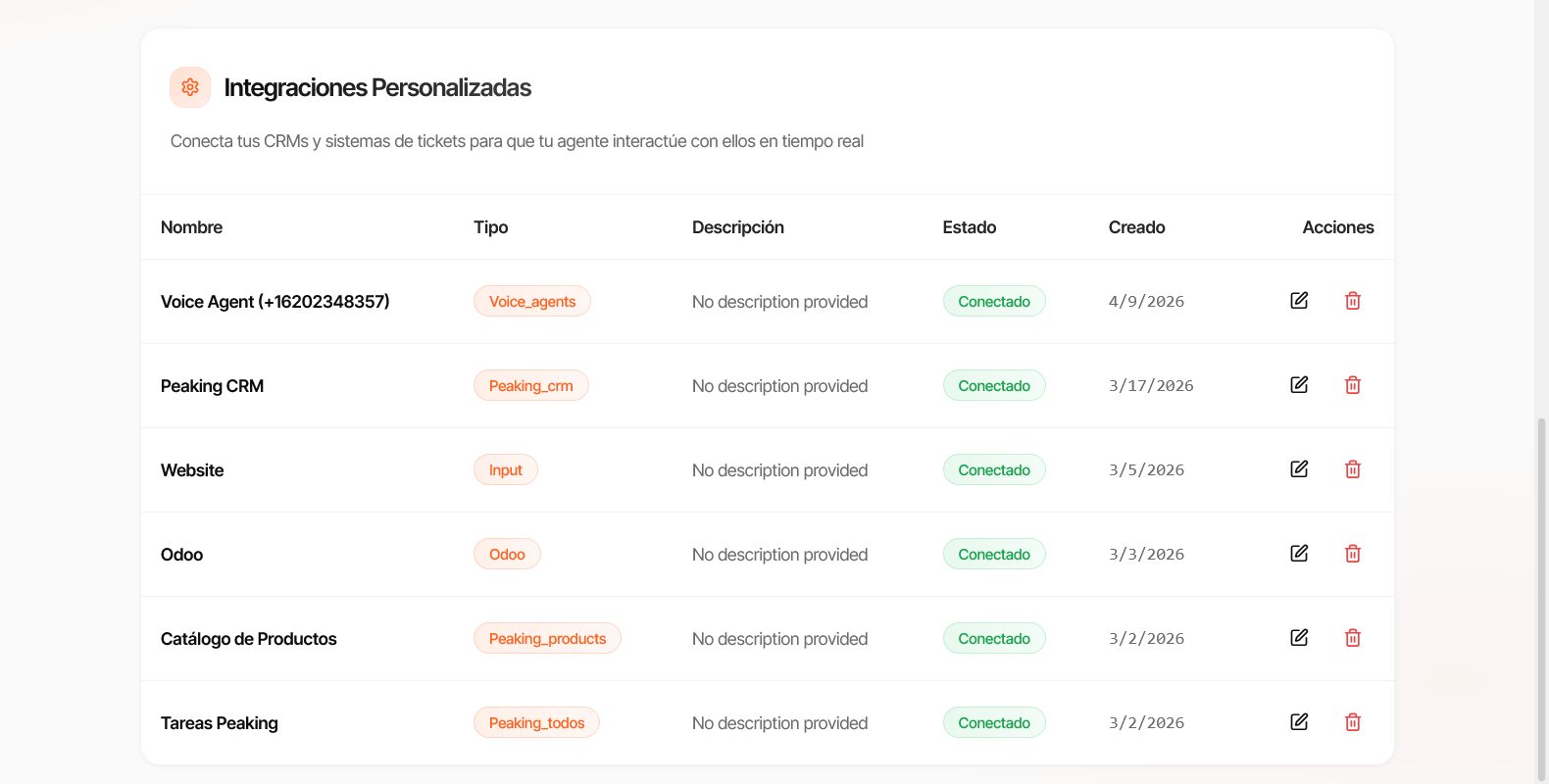 Panel de Integraciones Personalizadas con formulario de configuración de API