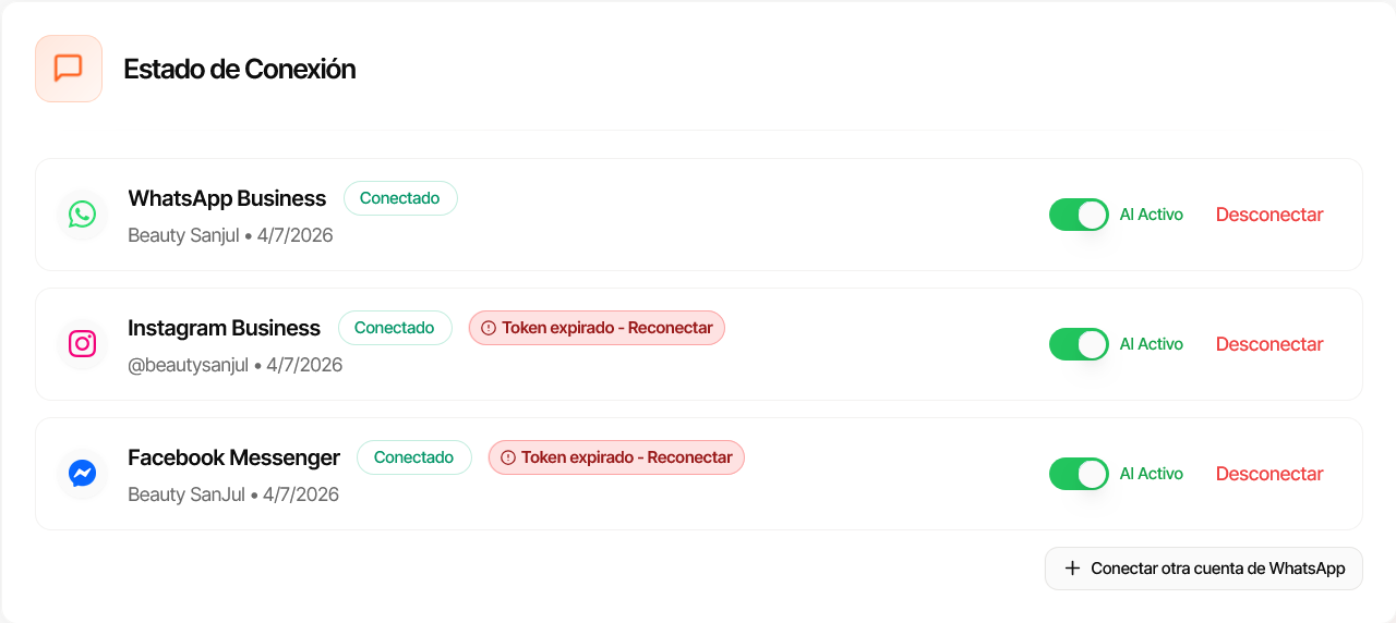 Panel de Estado de Conexión con badges de Token expirado en Instagram y Facebook Messenger