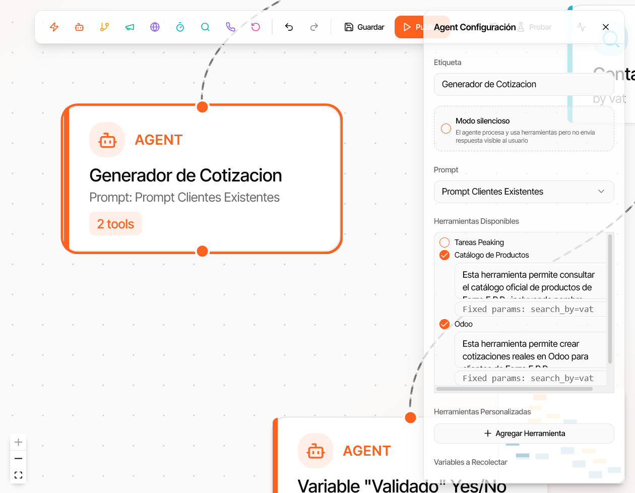 Configuración del nodo Agent — prompt, herramientas disponibles y modo silencioso