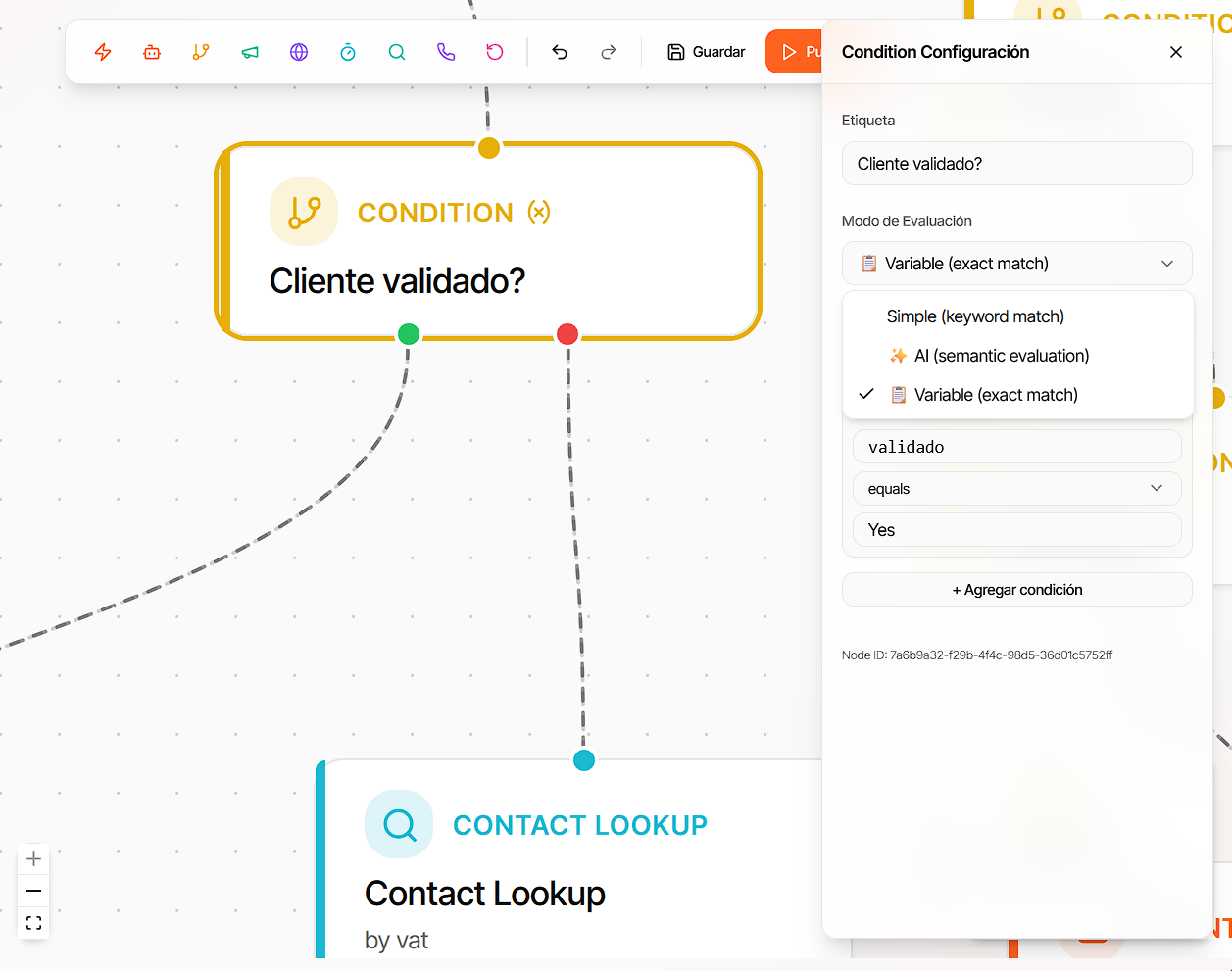 Configuración del nodo Condition con los tres modos de evaluación
